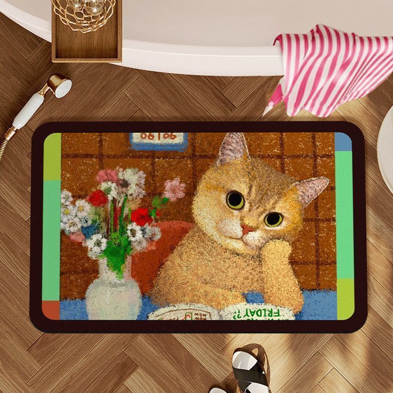 Cartoon cute kitten crystal velvet bathroom mat, water-absorbent, non-slip, for toilet entrance, quick-dry bath rug