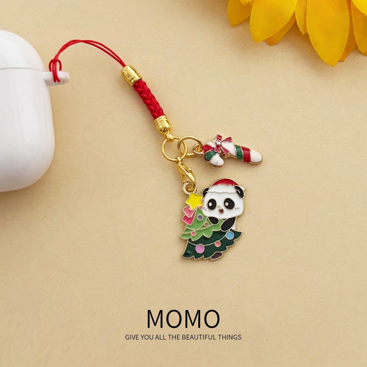 New Christmas panda pendant with woven lanyard/creative keychain charm/student bag accessory/event gift