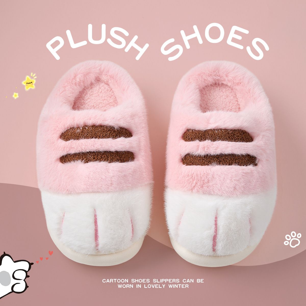 Women‘s autumn and winter cute cat paw cotton shoes/slippers/fleece-lined and thickened/adorable for couples/suitable for both outdoor and indoor home use