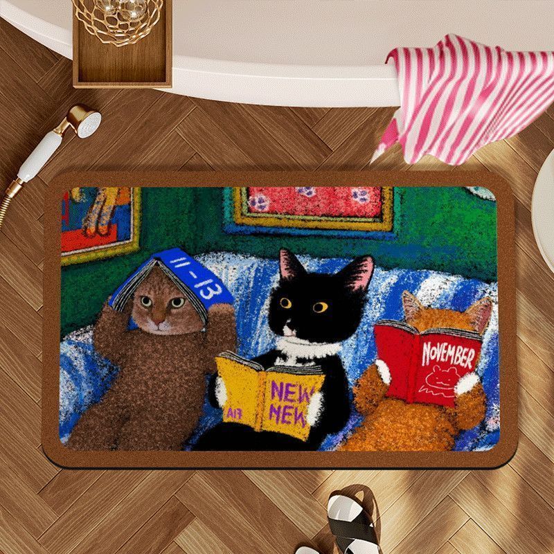 Cartoon cute kitten crystal velvet bathroom mat, water-absorbent, non-slip, for toilet entrance, quick-dry bath rug