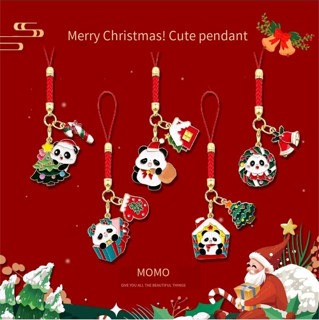New Christmas panda pendant with woven lanyard/creative keychain charm/student bag accessory/event gift