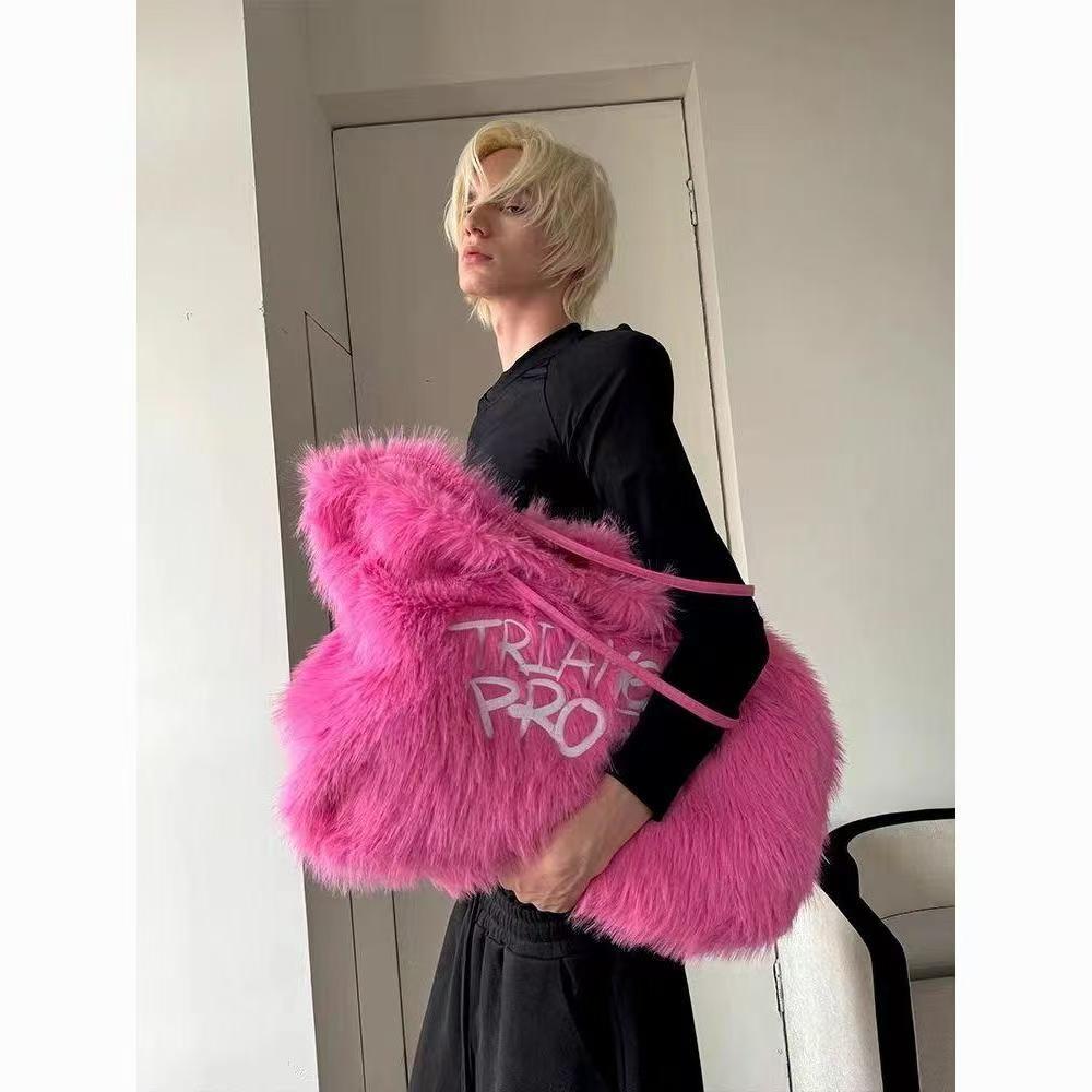 Embroidered faux fur handheld and shoulder tote bag for men and women, oversize women's shoulder bag,  fluffy bag, huge bag, fancy bag, handbags, Large capacity bag
