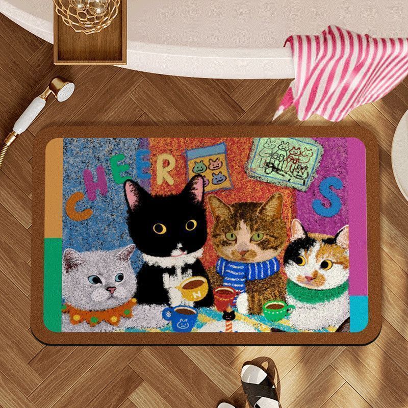 Cartoon cute kitten crystal velvet bathroom mat, water-absorbent, non-slip, for toilet entrance, quick-dry bath rug