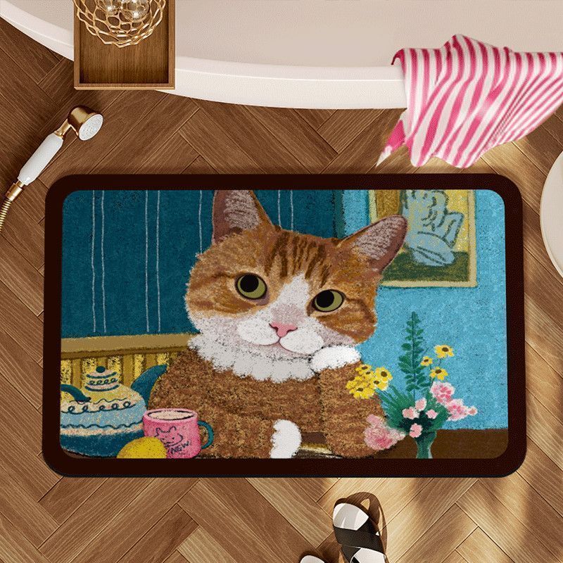 Cartoon cute kitten crystal velvet bathroom mat, water-absorbent, non-slip, for toilet entrance, quick-dry bath rug