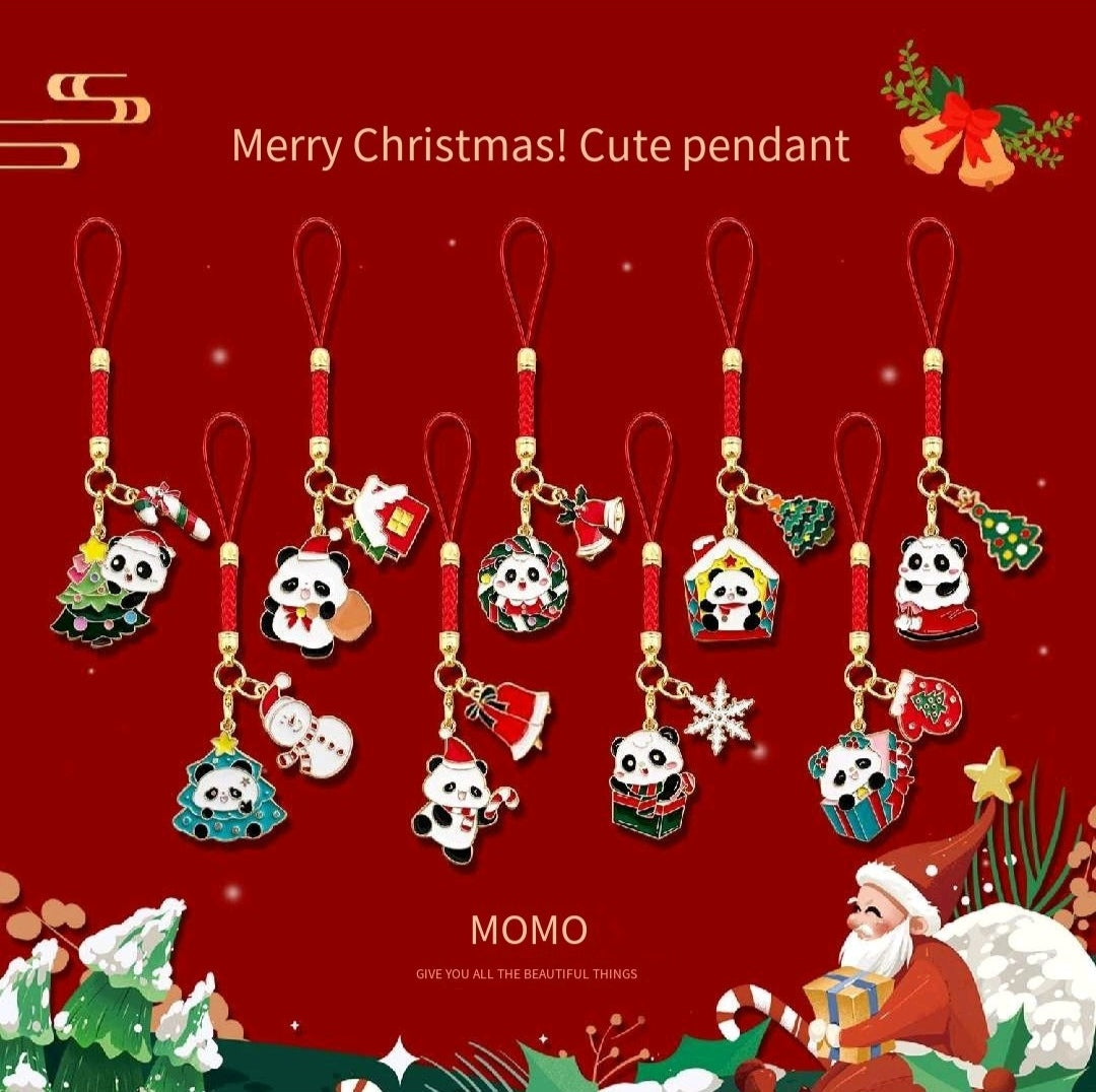 New Christmas panda pendant with woven lanyard/creative keychain charm/student bag accessory/event gift